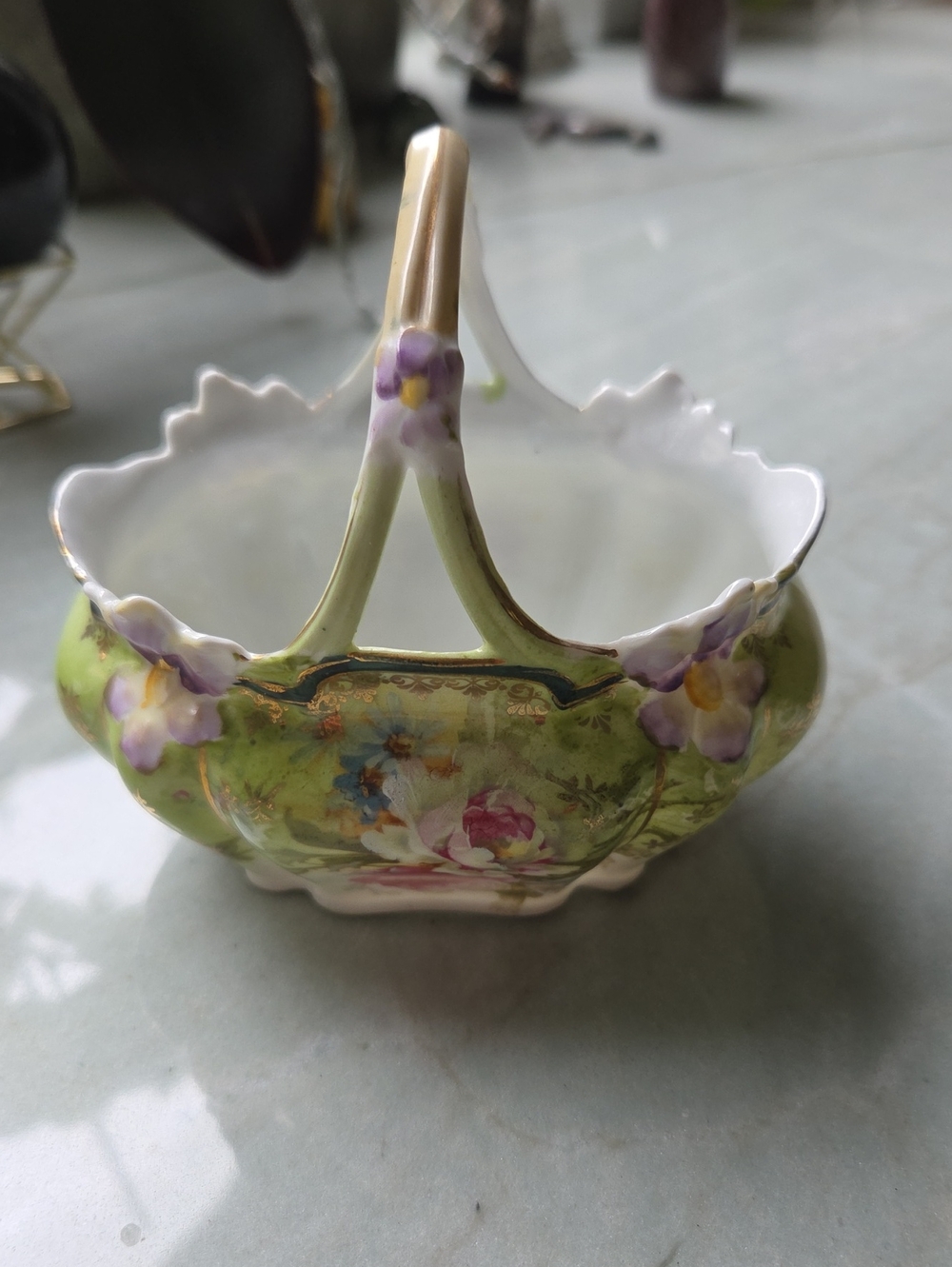 Hand-Painted Vintage Floral Ceramic Basket